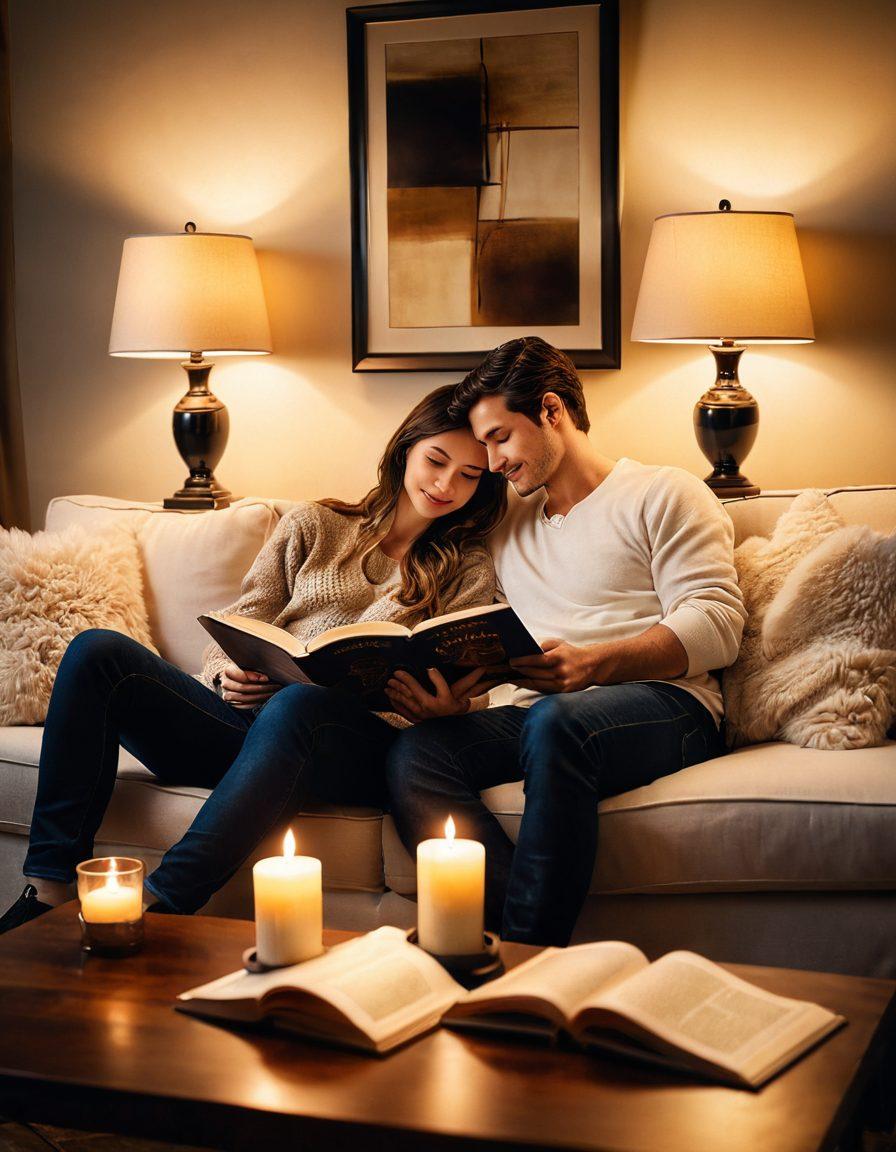 A warm and inviting scene of a couple sitting on a cozy couch, sharing a book titled 'Unlocking the Secrets to Lasting Love.' Surround them with soft cushions, a flickering candle, and a gentle glow from a nearby lamp creating a sense of intimacy. Include symbols of love like hearts and intertwined hands subtly in the background. This image conveys warmth, connection, and emotional depth. soft and warm colors. super-realistic.