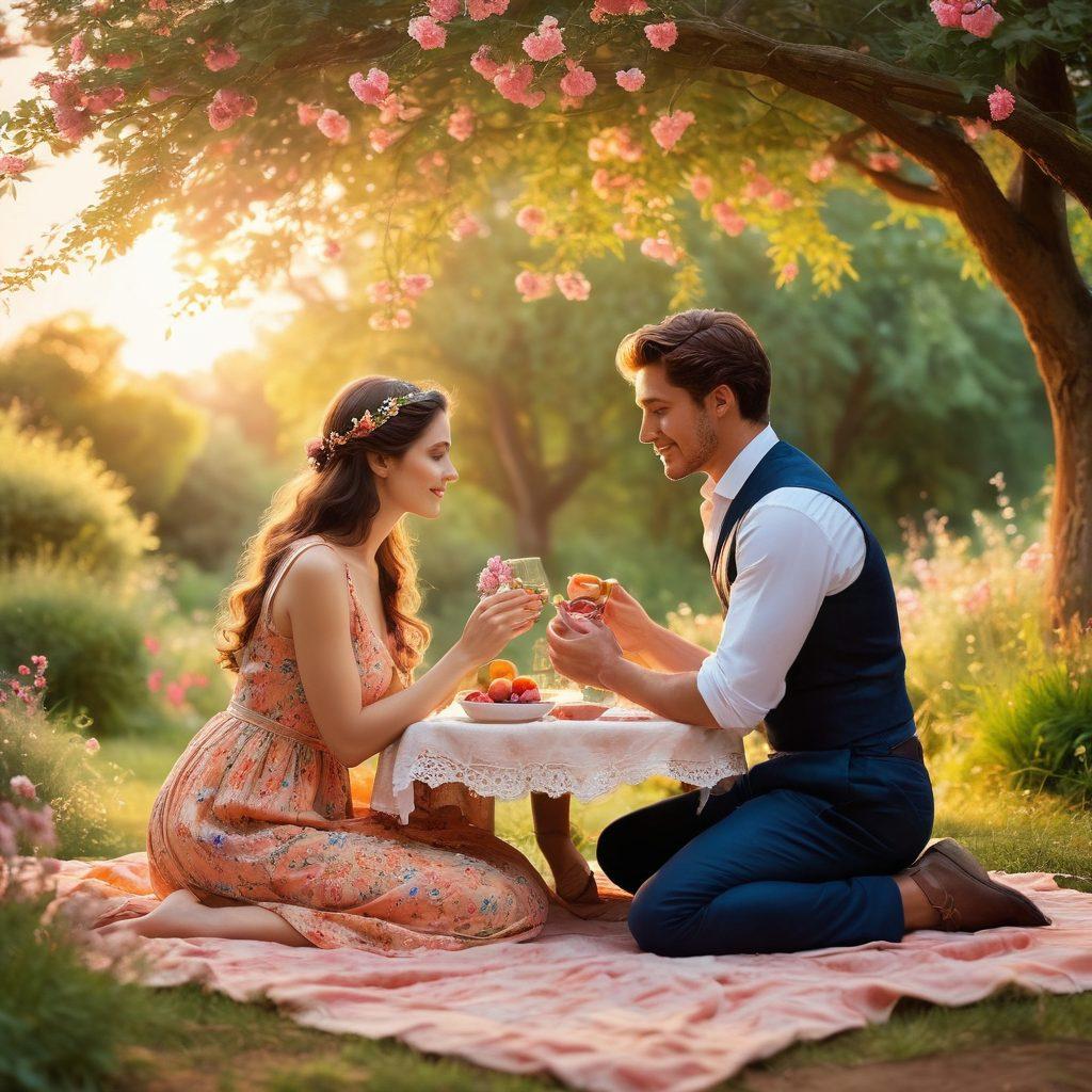 A romantic scene depicting a couple at different stages of their relationship - a whimsical courtship picnic, a tender moment sharing a gaze, and a cozy scene of them as soulmates with intertwined hands. The background should transition from bright sunny colors to warm twilight hues, symbolizing growth in love. Include elements like blooming flowers and soft light to evoke warmth and affection. vibrant colors. super-realistic.