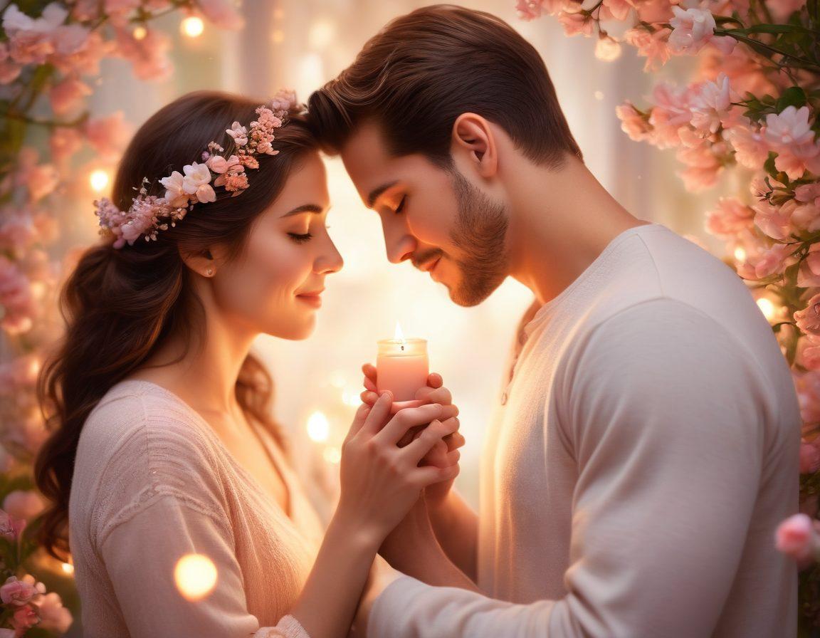 A warm and cozy scene depicting a couple in a serene setting, sharing a heartfelt moment, surrounded by blooming flowers and soft candlelight. Include elements of love, such as intertwined hands and gentle smiles, symbolizing nurturing emotions. Dreamy bokeh effect in the background emphasizing connection and intimacy. pastel colors. soft lighting. romantic painting.